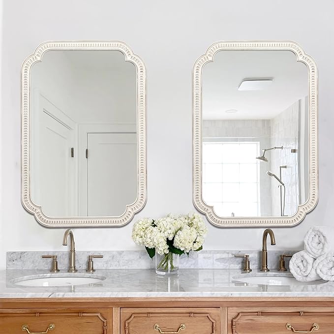 Rustic White Mirrors for Bathroom 24" X 36", Hanging Distressed Finish Carved Wood Scalloped Farmhouse Wall Mirror, Decorative Arched Corner Vintage Mirror, Boho Rectangular Mirrors