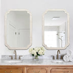 Rustic White Mirrors for Bathroom 24" X 36", Hanging Distressed Finish Carved Wood Scalloped Farmhouse Wall Mirror, Decorative Arched Corner Vintage Mirror, Boho Rectangular Mirrors
