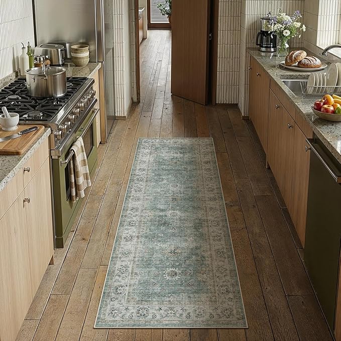 2x6 Washable Runner Rug for Kitchen Hallway Teal Blue Vintage Non-Slip Low Pile Distressed Rustic Carpet Soft Long Throw Rug for Indoor Entryway Bedroom