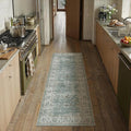 2x6 Washable Runner Rug for Kitchen Hallway Teal Blue Vintage Non-Slip Low Pile Distressed Rustic Carpet Soft Long Throw Rug for Indoor Entryway Bedroom