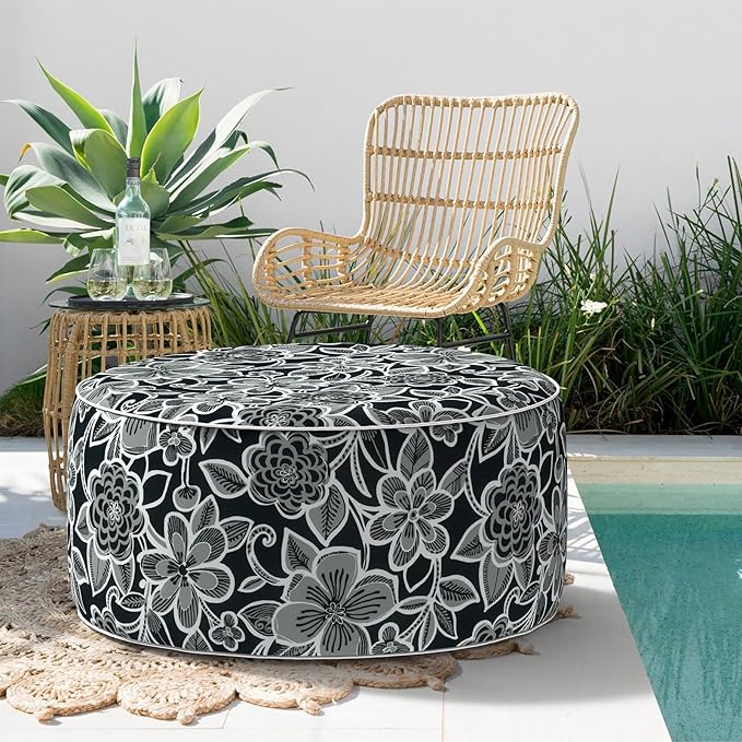 Indoor/Outdoor Inflatable Ottoman, All Weather Ottoman Pouf D31 x H14 inch, Round Foot Rest Ottomans, Portable Footstool for Patio,Garden, Porch, Home,Flower Black