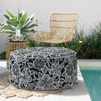 Indoor/Outdoor Inflatable Ottoman, All Weather Ottoman Pouf D31 x H14 inch, Round Foot Rest Ottomans, Portable Footstool for Patio,Garden, Porch, Home,Flower Black