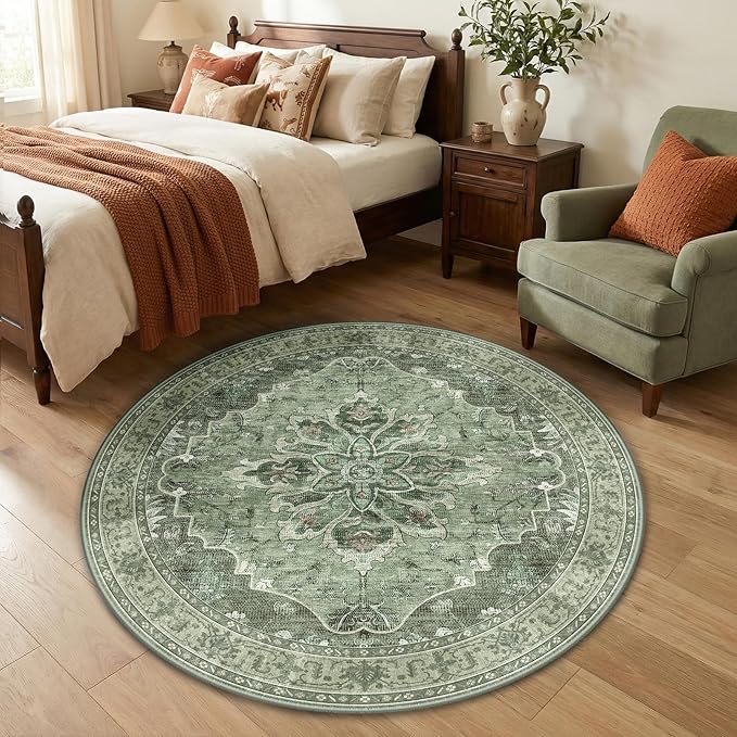 Area Rugs 4ft Washable Non-Slip, Floral Vintage Distress Print Pattern Medallion Carpet for Living Room Bedroom Dining Room, Dark Green Gray