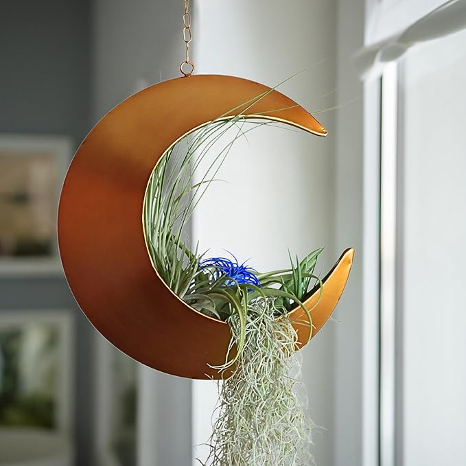 Hanging Crescent Moon Planter - Moon Room Decor - Unique Planters for Succulents, Air Plants, Cactus, Artificial Plants- Plant Lover Gifts - Boho, Hippie, Birthdays, Witchy Gifts for Women (Gold)
