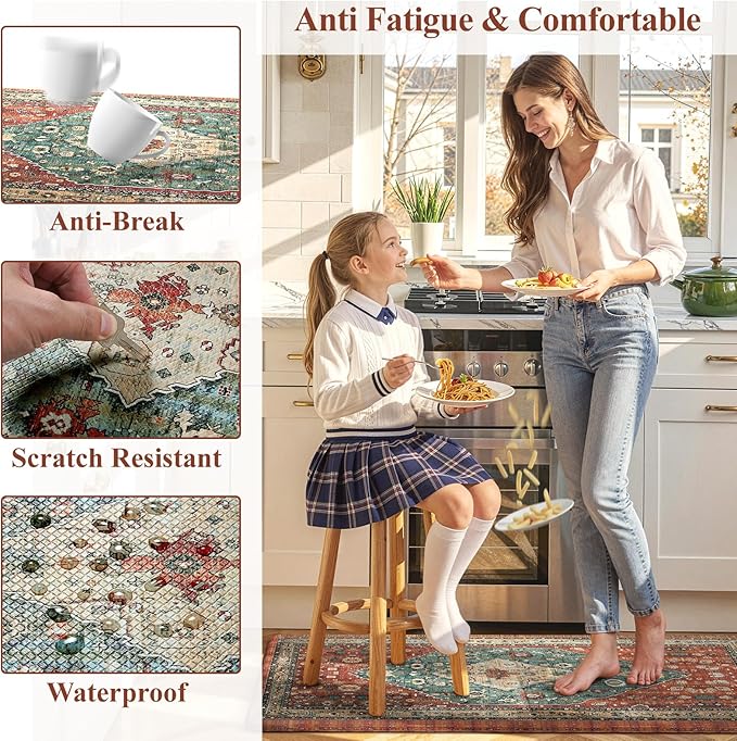 Collive Kitchen Rugs Anti Fatigue Kitchen Runner Mats Cushioned, Comfort Fatigue Mats for Standing, 17”x59” Red Non-Skid Washable Kitchen Floor Mats for Office, Sink, Laundry