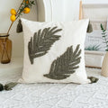Linen Green Leaf Throw Pillow Cover, Tasseled Square Pillowcase with Tufted Tropical Fern Leaves, Modern Decorative Sham for Rustic Spring Summer Home Outdoor Decor, 18x18 inches, 1PCS