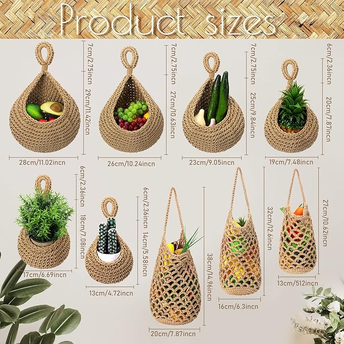 9 Pcs Jute Fruit Hanging Baskets for Kitchen, Boho Woven Wall Baskets, Produce Storage for Garlic Onion Potato Banana, Space Saving Farmhouse Kitchen Decor (Brown)(Brown)