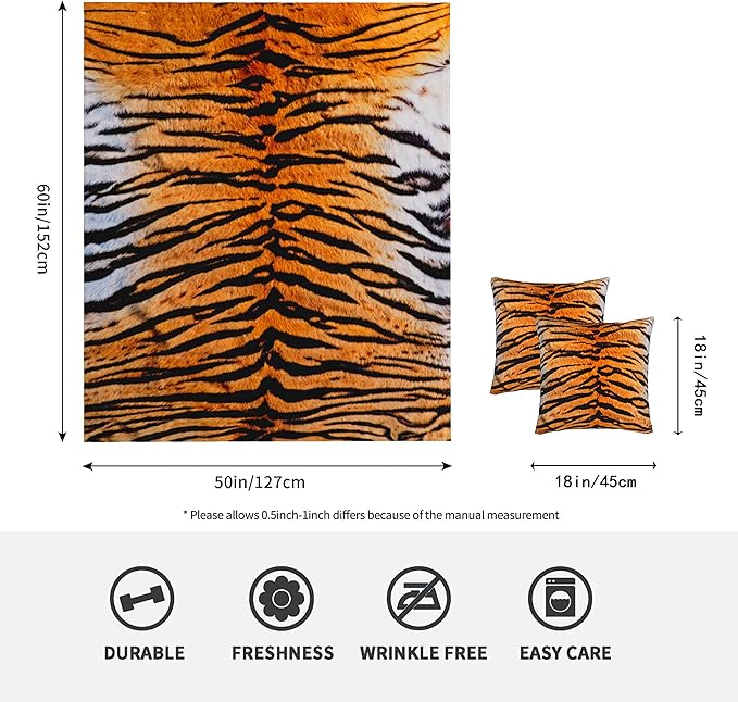 WIBUE Tiger Throw Blanket 60"x50" with 2 Pcs Pillow Covers 18"x18", Decor Fleece Blanket for Women Men, Fuzzy Soft Cozy Warm Plush Gifts Blankets for Bed Sofa Couch Chair Living Room Bedroom