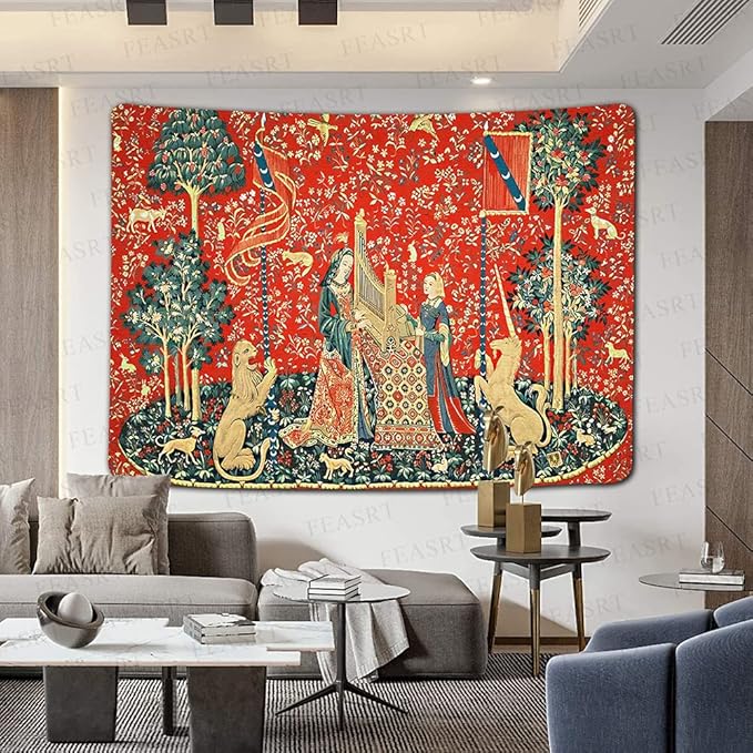 FEASRT Medieval Maiden and Unicorn Tapestry European Royal Tapestry Lion Tapestry, 60x40 Inches Soft Flannelette, Lady and Unicorn for Living Room Bedroom Dorm