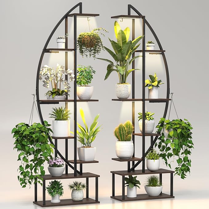 Plant Stand Shelf Rack Indoor with 6 Built in Grow Light, 7 Tiered 65" Tall Black Large Lighted Half Moon Curved Plant Stand for Indoor Growing, 2 Pack Arch Sturdy High Herb Flower Shelving
