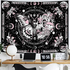Skeleton Butterfly Tapestry Pink Skull Hippie Mushroom Plants Tapestry for Bedroom Moon phase Aesthetic Tapestries Wall Hanging for Living Room Dorm (Pink, 90” x 68”)