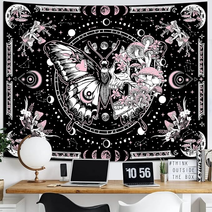 Skeleton Butterfly Tapestry Pink Skull Hippie Mushroom Plants Tapestry for Bedroom Moon phase Aesthetic Tapestries Wall Hanging for Living Room Dorm (Pink, 80” x 60”)