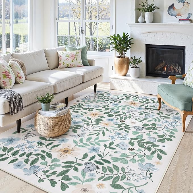 Lahome Reverie 8x10 Blue Boho Dining Room Rug Decor, Washable Area Rug for Living Room, Shabby Chic Floral Floor Carpets for Bedroom, Girls Apartment, Nursery Home Decor