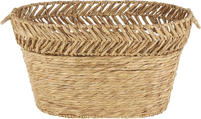 Deco 79 Seagrass Handmade Decorative and Functional Storage Basket Large Woven Oval Basket Organizer with Zig Zag Patterned Rim, Basket for Storage 30" x 20" x 17", Brown