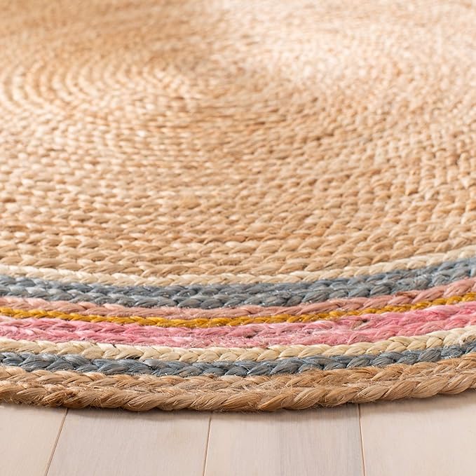 SAFAVIEH Natural Fiber Round Collection 5' Round Fuchsia / Beige NF806R Handmade Boho Charm Braided Jute Area Rug