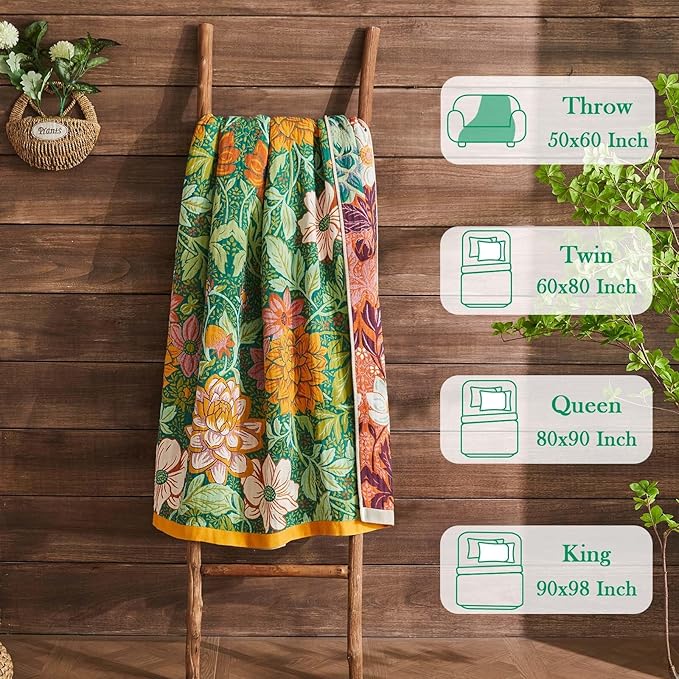 Boho Blanket Soft Muslin Boho Throw Blanket 100% Cotton Blanket All Seasons Reversible Rustic Floral Printed Vintage Rustic Farmhouse Decor Throw for Sofa Couch Chair (Green, 60"x80")