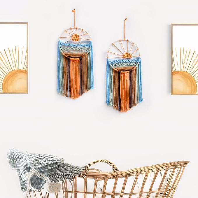 Artilady 2 Pack Macrame Sun Wall Decor Hanging Tapestry Sunshine Sunset Wall Art Set, Rustic Woven Tapestries Boho Dream Catcher Colorful Decor for Bedroom Living Room Nursery (Orange 2pcs)