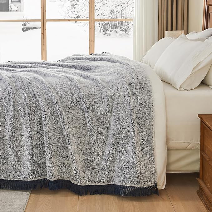 EMME Soft Sherpa Fleece Blanket with Tassel, Reversible Plush Fluffy Large Blanket, Light Weight Warm Decorative Boho Blanket Cover for Sofa, Couch, Bedroom,Travel(Tassel Navy,50"x60")