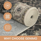 GENIMO 8x10 Area Rugs for Living Room, Machine Washable Rug, Non Slip Indoor Vintage Rug, Low Pile Lightweight Chenille Print Carpet for Bedroom Dining Room Home Office, Muted Charcoal Beige
