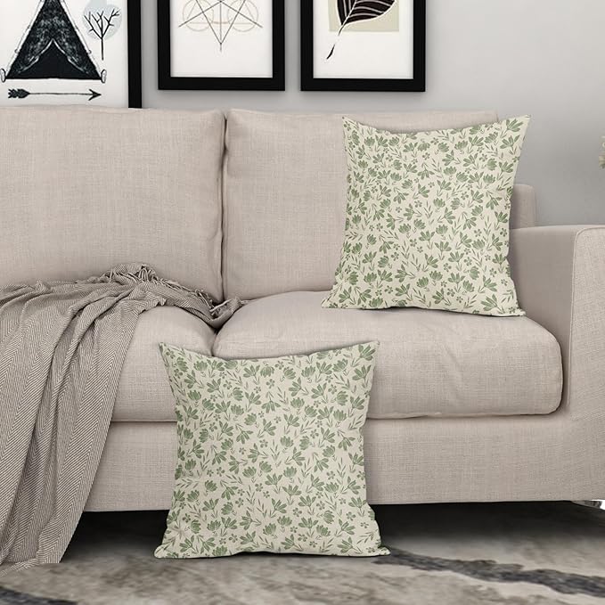 Sage Green Floral Pillow Covers 20x20 Set of 2 Spring Vintage Rustic Old Style Cute Flower Green Cream Print Decorative Outdoor Pillowcases Farmhouse Throw Cushion Case Decor for Couch Sofa Bed