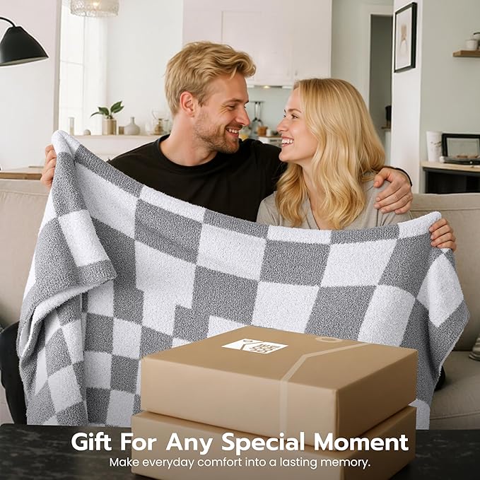 Joiedomi Throw Blanket for Couch, Light Grey Checkered Knitted Blankets Gifts for Women Mom Girls, Cozy Cute Soft Throw Home Room Decor Aesthetic Women Mothers Birthday Gifts 50x60 Inches