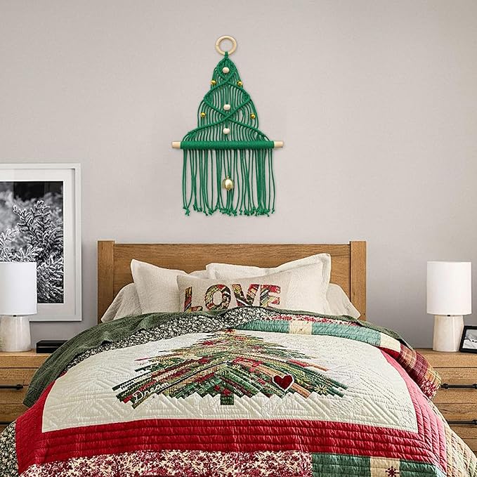 HVEST Green Macrame Christmas Tree Wall Hanging- Macrame Christmas Ornaments- Boho Xmas Gifts- Handmade Woven Tapestry for Bedroom Living Room Holiday Decorations, 16L X 10W