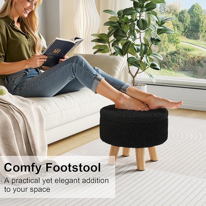 Black Storage Ottoman, Small Foot Stool Ottoman with Storage, Boucle Sherpa Foot Rest for Couch, Round Footstools with Soft Seat, Sturdy Wood Legs Stool for Living Room, Hallway, Desk