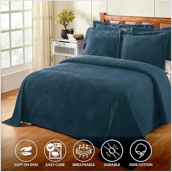 Better Trends Chenille Bedspreads Queen Size, Teal 100% Cotton Chenille Stripe Design Tufted Bedding Coverlet Soft Lightweight, 102"x110" 1 Pieces Jullian Collection