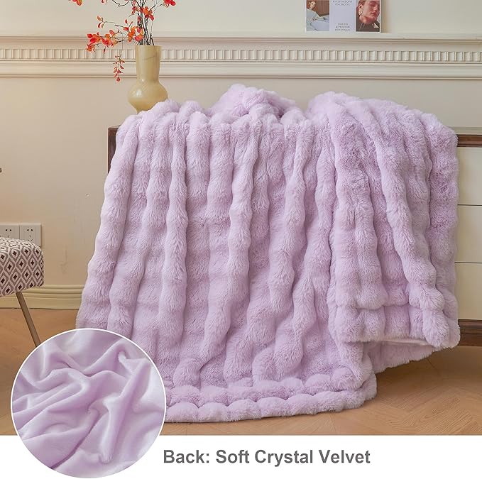 LIFEREVO Fluffy Faux Rabbit Fur Bubble Throw, Plush Shaggy Blanket for Couch Sofa Chair, Soft Cute Furry Light Purple Blanket Adult Kids Girls, Fuzzy Lap Throw for Bedroom Living Room, 50x60, Lavender