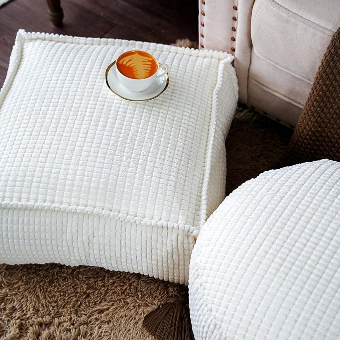 SUTAVIA Pouf Ottoman Cover Unstuffed Pouf Seat Decorative Soft Storage Bean Bag 20x20x8 Inches Square Floor Footrest for Living Room Bedroom (White, Square)