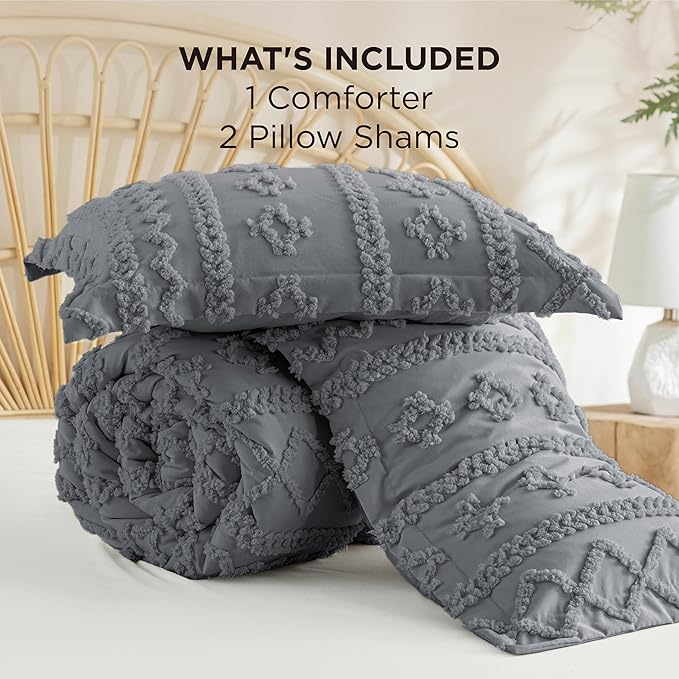 Bedsure Tufted Boho Comforter Set King Size - Grey Boho Bed Set, GentleSoft™ 3 Pieces Farmhouse Shabby Chic Embroidery Bedding, Gifts for Woman, Soft Jacquard King Comforter for All Seasons