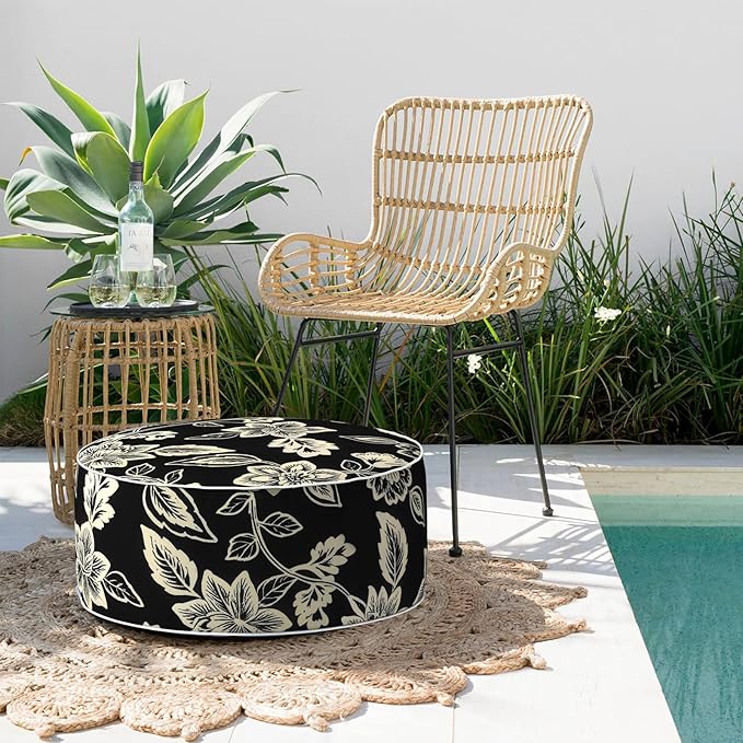 Indoor/Outdoor Inflatable Ottoman with Handle, Decorative Fade-Resistant Round Footstool D21 x H9 inch, Portable Ottoman Pouf for Patio Garden Camping, Elegant Vines Black