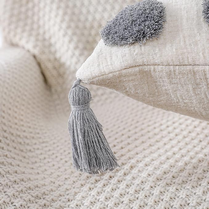 PANOD Super Soft Farmhouse Decorative Plush Throw Pillow Covers 20 x 20 Grey,Solid Pom pom Tufted with Tassels Modern Accent Boho Square Cushion Cover Pillow Case for Couch Sofa