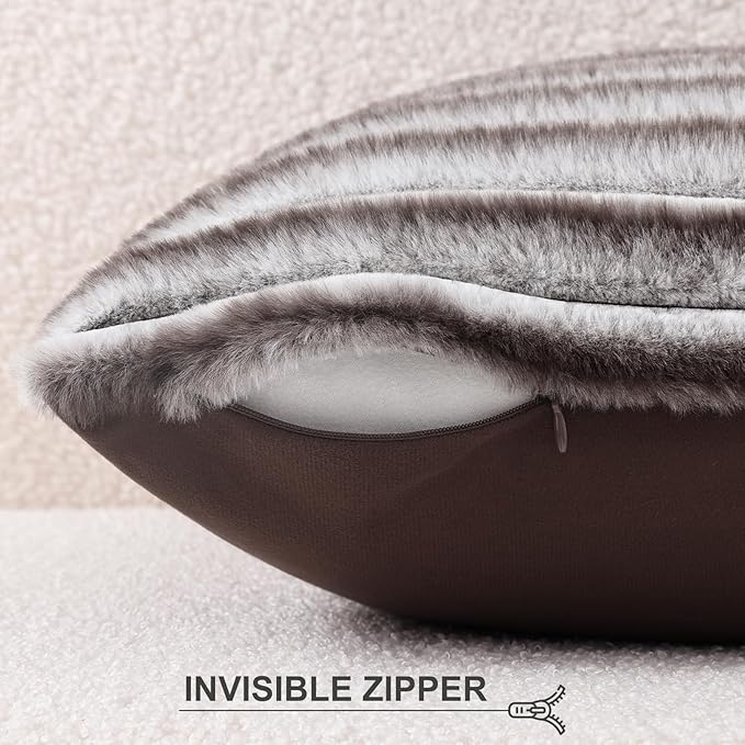 Pallene Faux Fur Plush Throw Pillow Covers 20x20 Set of 2, Luxury Soft Fluffy Striped Decorative Pillow Covers for Sofa, Couch, Living Room, Ombre Coffee