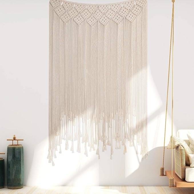 RLoncomix Boho Macrame Wall Hanging, Large Woven Tapestry Wall Art Bohemian Cotton Handmade Macrame Backdrop for Wedding Living Room Gallery Bedroom, Beige, 39"x 45"