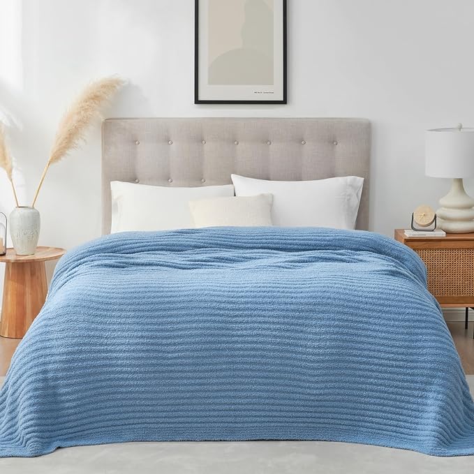 Snuggle Sac Queen Size Blanket for Bed, Soft Luxurious Bedding Blankets, Large Fuzzy Plush Microfiber Blankets, Washed Blue, 90x90 inches