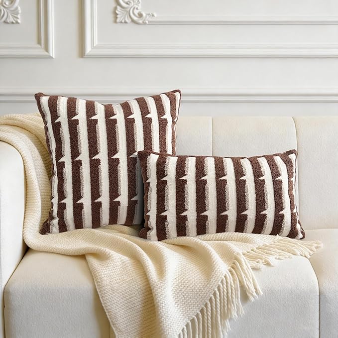 20"x20" Brown Cream Stripe Tufted Pillow Covers Luxury Geometric Accent Pillows Soft Woven Decorative Pillow Cases for Couch, Sofa, Bedroom Décor (Caramel, 20"×12")