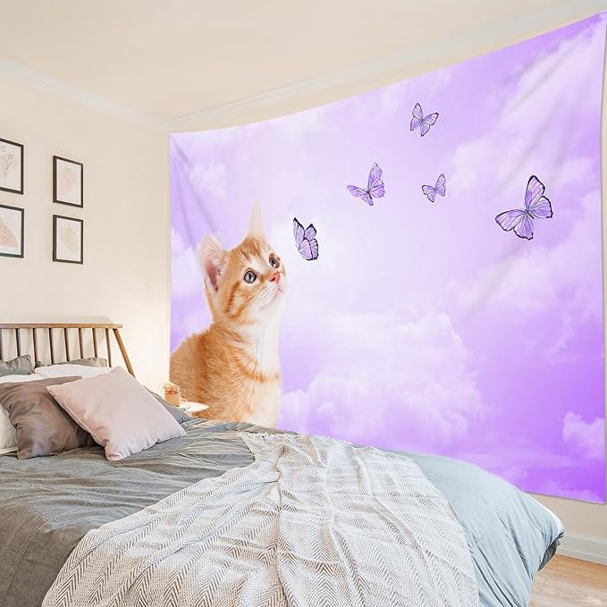 LB Funny Cat Butterfly Wall Tapestry Cute Cat with Butterfly on Fantasy Cloud Purple Sky Tapestry Animal Wall Decor for Bedroom Living Room Dorm 80Wx60L Inches