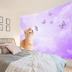 LB Funny Cat Butterfly Tapestry Wall Hanging Cute Cat with Butterfly on Fantasy Cloud Purple Sky Wall Decor Animal Tapestry for Bedroom Living Room Dorm 48Wx36L Inches