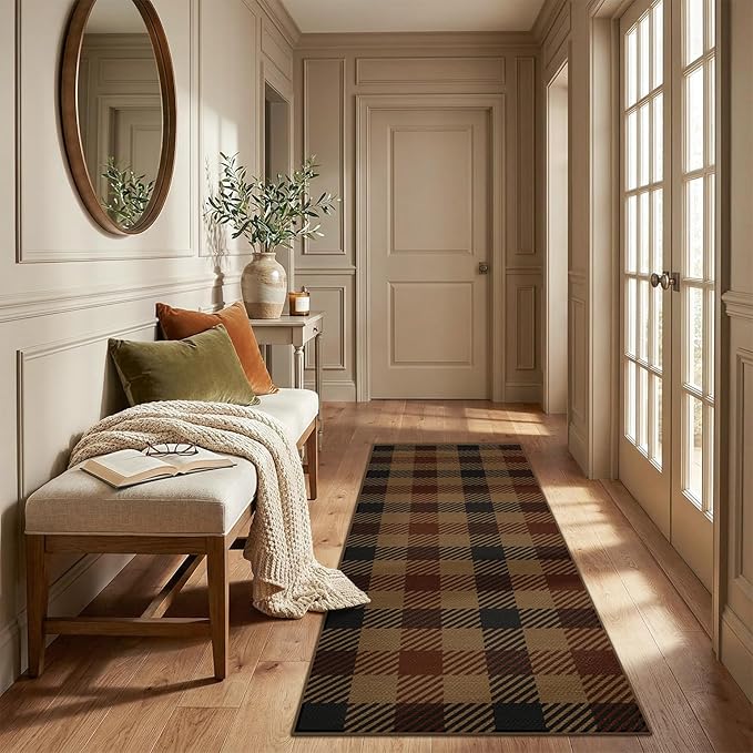 JTJ 2x6 Easy Jute Runner for Indoor Entrance - Outdoor Runner Rug for Patio, Kitchen Runners Non Skid Washable 6ft - Vintage, Mudroom, Washable Stain Resistent Carbin Brown and Red Checkered Décor