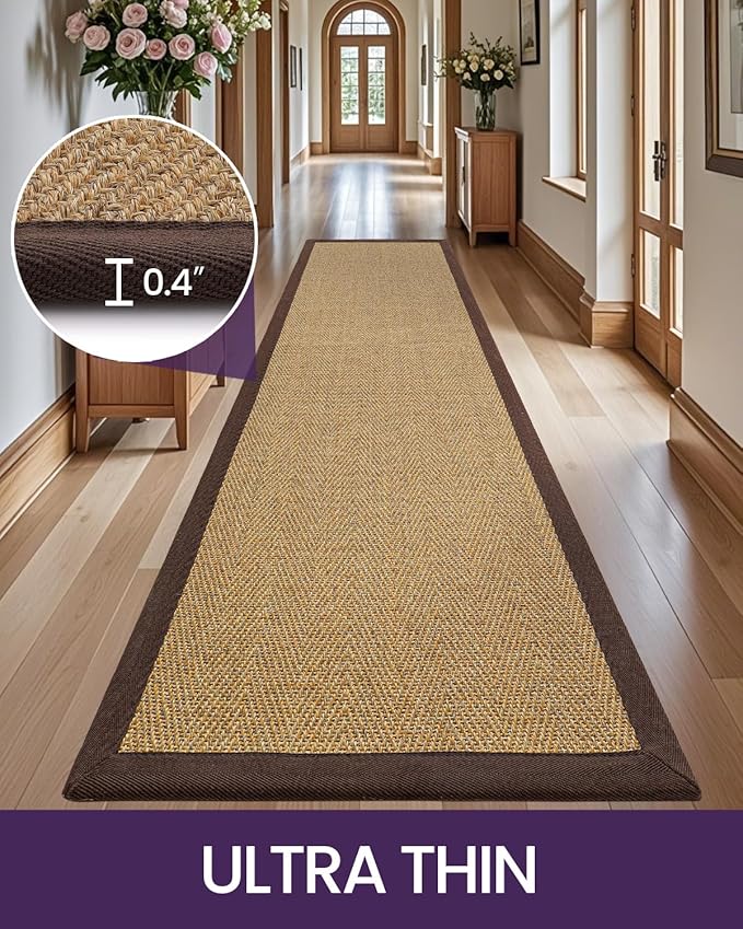 DEXI Jute Hallway Runner Rug 3x12, Woven Braided Natural Fiber Non Slip Runner Inside, Farmhouse Runners Carpet Indoor for Entryway Kitchen Luandry, Natural/Brown