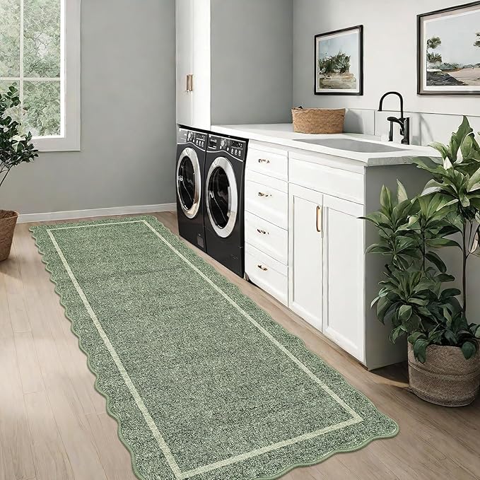 GarveeHome Scalloped Runner Rug for Hallway 2x10 Kitchen Rugs Non Slip Washable Modern Entryway Rug Farmhouse Soft Bathroom Rugs Stain Resistant Carpet for Hallway Laundry Bedroom 2'x10' Greyish Green