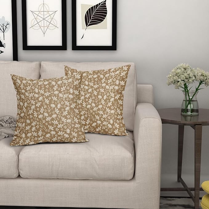 Brown Pillow Covers 22x22 Set of 2 Vintage Floral Rustic Old Style Cute Flower Print Decorative Outdoor Pillowcases Seasonal Farmhouse Throw Cushion Case Decor for Couch Sofa Bed