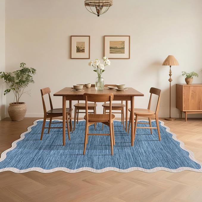 GarveeHome Scalloped Washable Area Rugs 5x7 Rug for Living Room Modern Non Slip Throw Rugs Blue Rug Soft Bedroom Rugs Non Shedding Low Pile Stain Resistant Carpet for Dining Room Nursery 5'x7' Blue