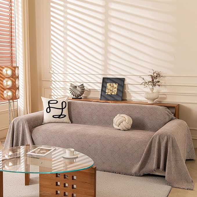 ROOMLIFE Brown Waterproof Couch Cover Sofa Covers, Chenille Couches Covers for 3 Cushion Sofas, Non Slip Soft Breathable Sofa Slipcovers for Pet, Washable Furniture Protector with Tassel,71''X134”