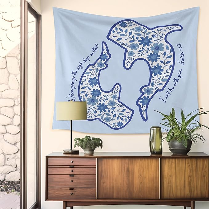 HUGANE Whale Shark Christian Tapestry, Isaiah 43:2 Bible Verse Tapestry Wall Hanging, Religious Bible Scripture Wall Blanket Backdrop Decor for Home Bedroom Living Room, 50x60 Inch,Color-B