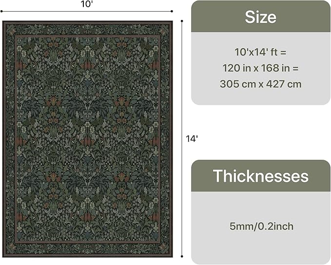 GENIMO Washable 10x14 Area Rug, Vintage Boho Floral Carpet, Soft Low-Pile Non-Slip Thin Rug for Living Room, Bedroom, Dining Room, Nursery, Dark Green