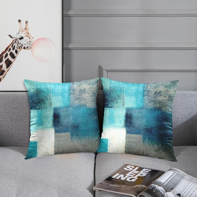 Emvency Set of 2 Turquoise White and Gray Throw Pillow Covers Modern Abstract Teal Painting Decorative Pillow Cases Home Decor Standard Square 26x26 Inches Pillowcases