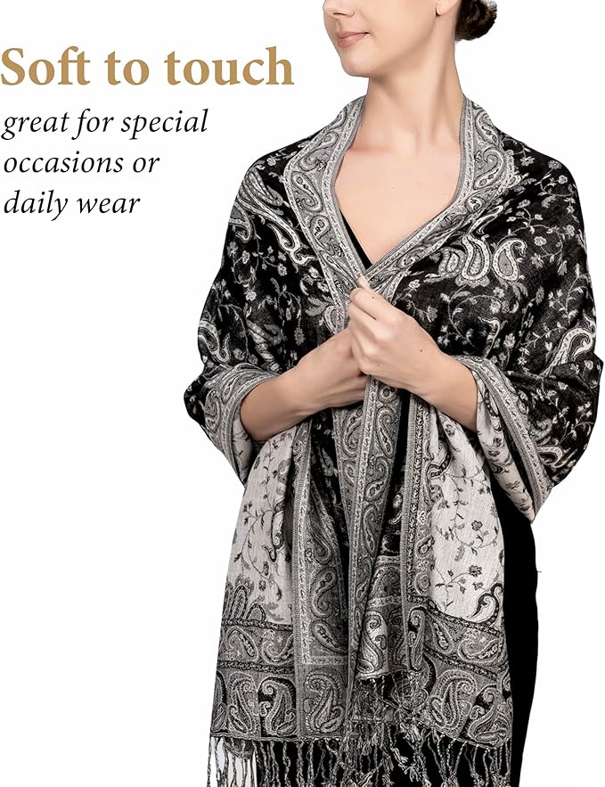 Achillea Reversible Paisley Pashmina Rave Scarf – Exotic Indian Shawls and Wraps for Evening Dresses, Festivals, All Seasons