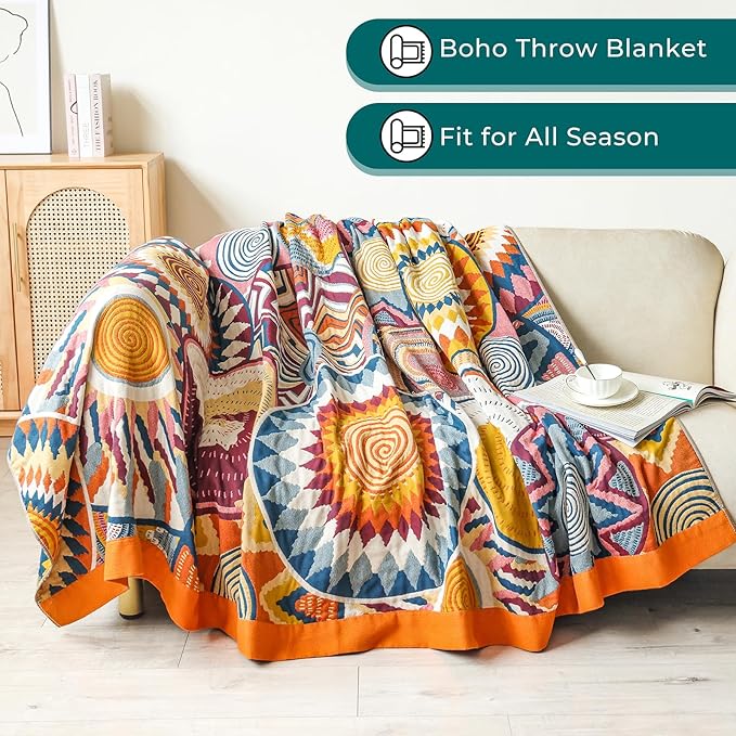 Queen Boho Throw Blanket for Bed 100% Cotton Ultra Soft Rustic Cozy Muslin Quilt Farmhouse Decor Bed Blanket,80"×90" All Season Rustic Throw for Sofa Couch,Colourful Sun
